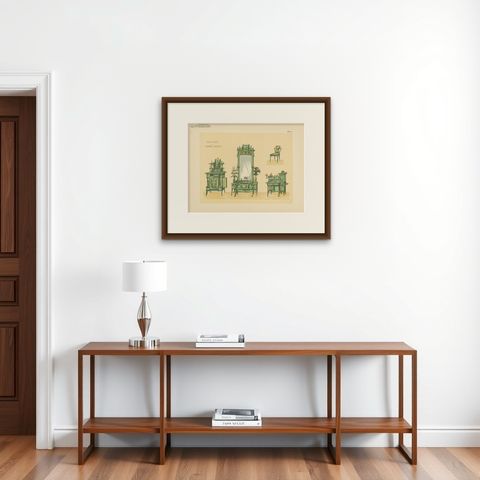 Pl. 13 Antique Print of Salon Furniture by Kramer, circa 1910, shown framed on a wall, true to size