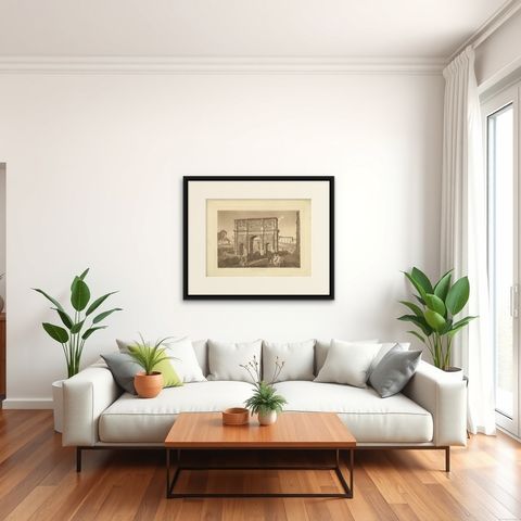 Antique Print of the Arch of Constantine by Abbot, 1820, shown framed in a room, true to size