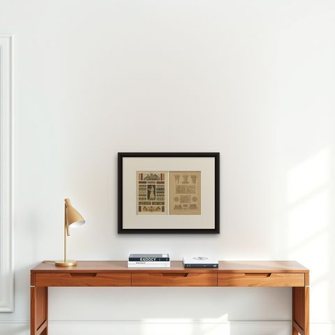 Classic Greek and Roman Designs from Dolmetsch's 1887 Ornament Treasury, shown framed on a wall, true to size