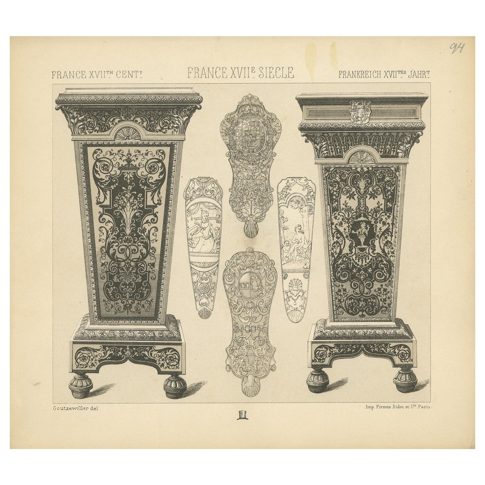 Pl. 94 Antique Print of French 17th Century Decoration by Racinet, circa 1880