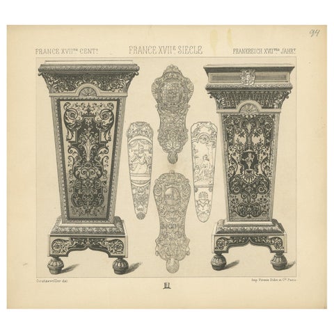 Pl. 94 Antique Print of French 17th Century Decoration by Racinet, circa 1880
