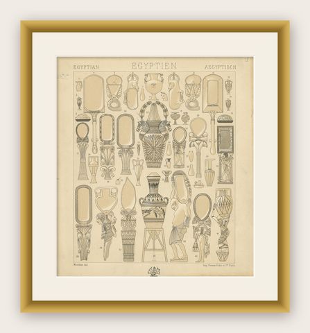Pl. 1 Antique Print of Egyptian Decorative Objects by Racinet, 'circa 1880', shown framed