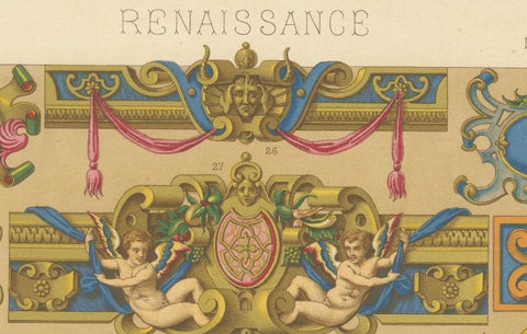 Renaissance Decorative Cartouches & Motifs, Antique Lithograph, ca.1869, close-up 4