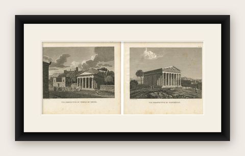 Set of Two Ancient Greek Temple Views, Parthenon and Theseion, Tardieu, 1825, shown framed