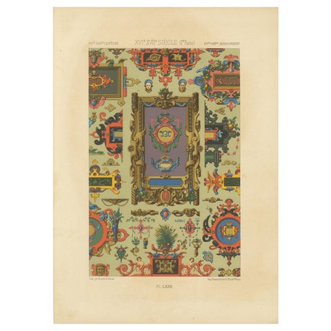 16th–17th C. Renaissance Grotesques, Lavish Ornament Panel, Pl. LXXII, 1869