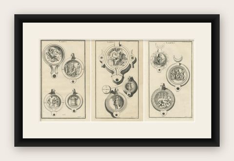 Original Classical Lamp Engravings: Montfaucon's Collection, Published in 1722, shown framed