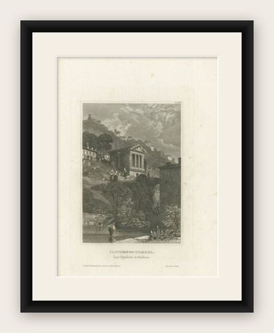 Antique Print of the Temple of Clitumnus by Meyer, 1837, shown framed