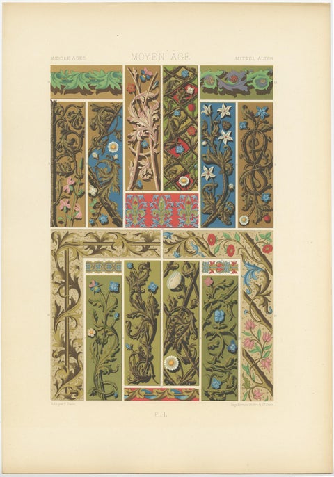 Pl. 50 Antique Print of Middle Ages Ornaments by Racinet, circa 1890, view 4