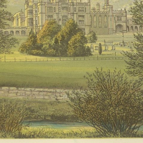 Ilam Hall Gothic Revival Estate View, English Country House Engraving, c.1850, close-up 5