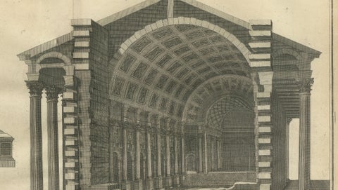 Grand Roman Basilica Interior, Antique Engraving by Montfaucon, 1721, close-up 6
