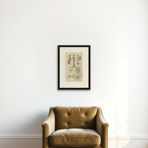 Antique Roman Statues & Medals Plate, Montfaucon, Antiquity Explained, 1721, shown framed on a wall, true to size