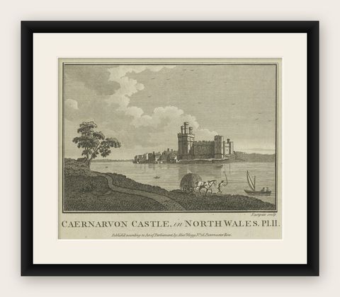 Caernarvon Castle in North Wales, Antique English Engraving by A.Hogg, ca.1785, shown framed