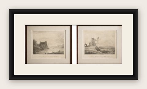 Antique English Landscape Etchings, Castle & Ruins, Sherlock, 1811, shown framed