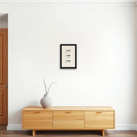 Set of 3 Antique Furniture Prints of Various Tables by Quetin, circa 1860, shown framed on a wall, true to size