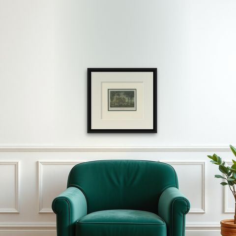 Antique Print of Muiden Castle in the Netherlands, circa 1858, shown framed on a wall, true to size