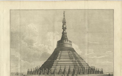 Shwemawdaw Pagoda in Pegu, Antique Engraving of the Great Temple of Burma, 1800, close-up 1