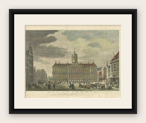 Hand-Colored 1765 Engraving of Amsterdam Royal Palace and Dam Square, 1765, shown framed