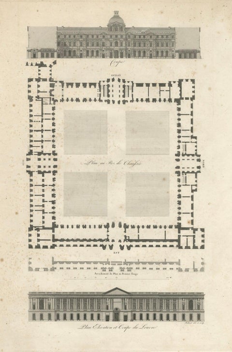 Plan, Elevation et Coupe du Louvre, Architectural Engraving by Baltard, c.1799, close-up 1
