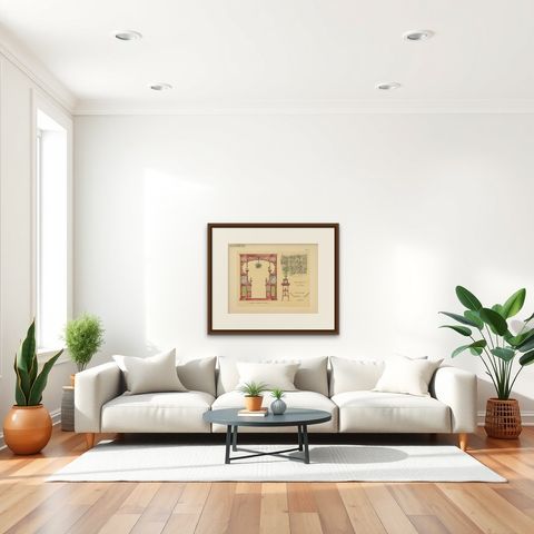 Pl. 10 Antique Print of a Bay Window by Kramer 'circa 1910', shown framed in a room, true to size