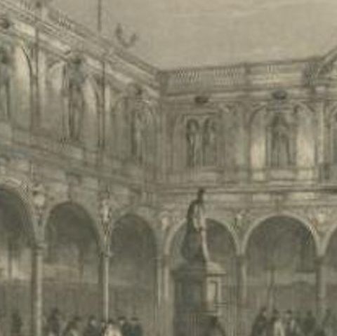 Antique Print of the Royal Exchange in London, c.1840, close-up 1