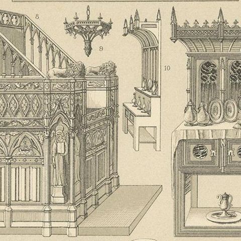 Pl. 10 Antique Print of European Middle Ages Furniture by Racinet, circa 1880, close-up 2