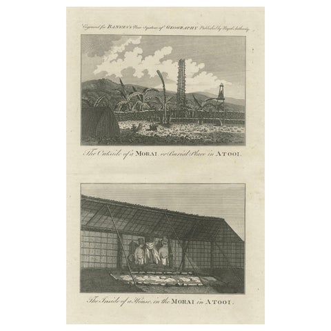18th-Century Engraving of Hawaiian Morai and House Interior, c. 1780s