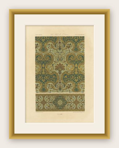 17th Century Baroque Ornament Print, Rich Gold and Green Decorative Motif, shown framed