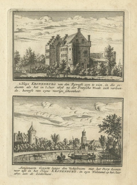 Antique Print of Kronenburg Castle Near Loenen, Utrecht, the Netherlands, c.1725, close-up 1