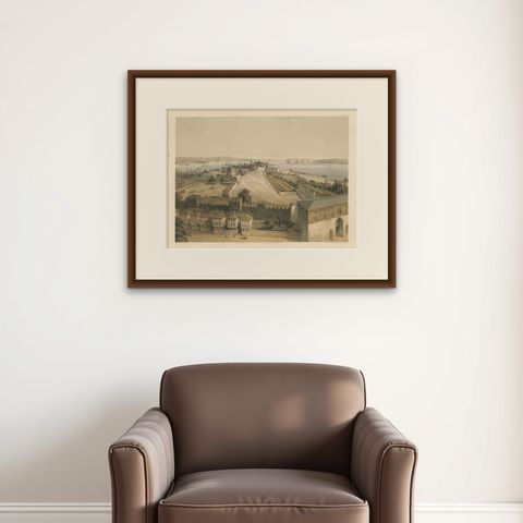 Rare 1852 Tinted Lithograph of Topkapi Palace Courtyard and Bosphorus, Istanbul, shown framed on a wall, true to size