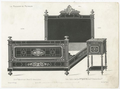 Set of 2 Antique Furniture Prints of a Bed and Nightstand by Quetin, circa 1860, view 2