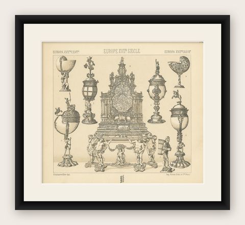 Pl. 86 Antique Print of European Decorative Objects by Racinet, circa 1880, shown framed