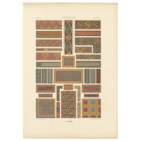 Celtic Knotwork and Borders, Antique Print of Interlacing Patterns, c.1869