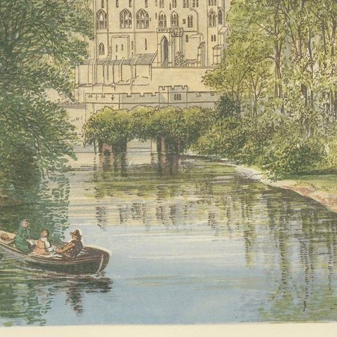 Warwick Castle River View, English Castle Landscape Engraving, c1850, close-up 5
