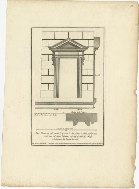 Old Architectural Engraving of a Window of Palazzo Chigi, Rome, ca.1710, view 2