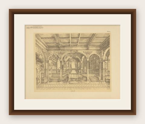 Pl. 1 Antique Print of a Hall Design by Kramer 'circa 1910', shown framed
