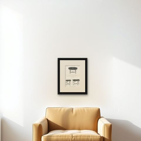 Set of 2 Antique Furniture Prints of Various Tables by Quetin, circa 1860, shown framed on a wall, true to size