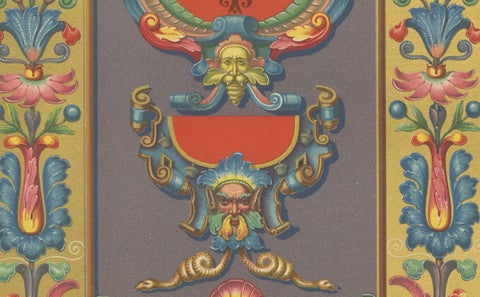 Renaissance Ornament Print, “Por la Gracia de Dios” with Cherubs & Scrollwork, close-up 4