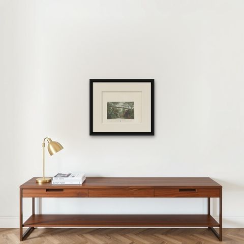 Antique Print of a Bridge in the Park of Roeulx in Belgium by Laborde, 1808, shown framed on a wall, true to size