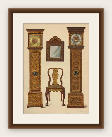 Antique Print of English Furniture 'Clocks, Mirror, Chair' by P. Macquoid, 1906, shown framed