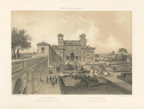 Villa Medici Rome, Seat of the French Academy, Antique Architectural Print 1869, close-up 1