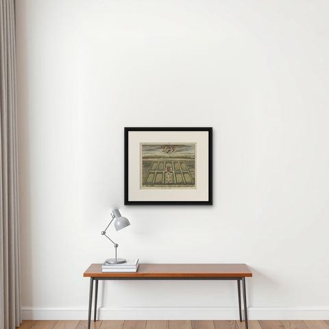 Old Decorative Handcolored Engraving of the Molenbaix Estate in Belgium, 1696, shown framed on a wall, true to size