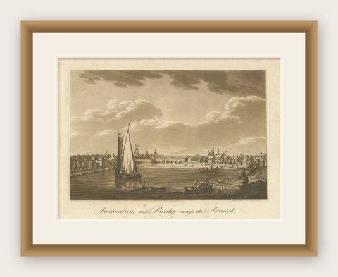 Amsterdam and the Bridge across the Amstel River, aquatint by S.Ireland, 1795, shown framed