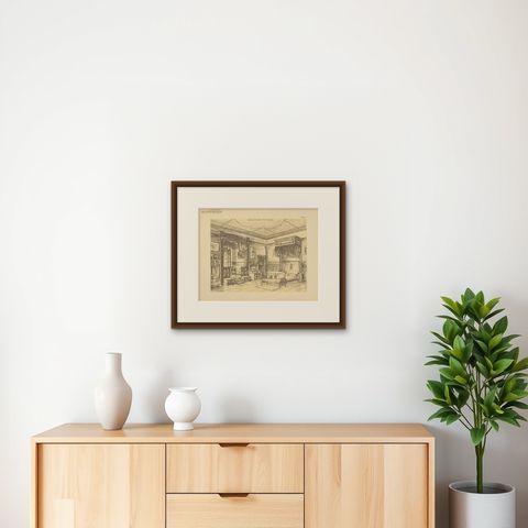 Pl. 6 Antique Print of a Bedroom with Bay Window by Kramer, circa 1910, shown framed on a wall, true to size