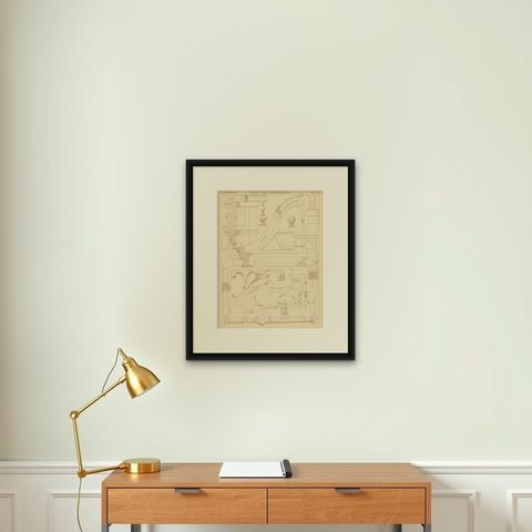 Pl 73 Antique Print of Furniture Details by Kramer, 'circa 1910', shown framed on a wall, true to size