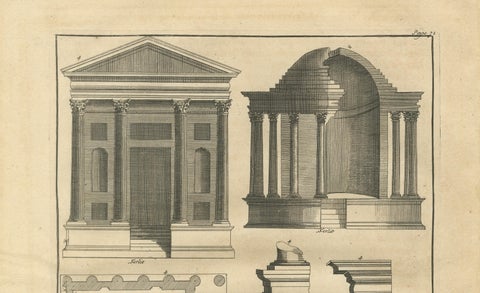 Antique Neoclassical Architecture Engraving by Montfaucon, 1721, close-up 2