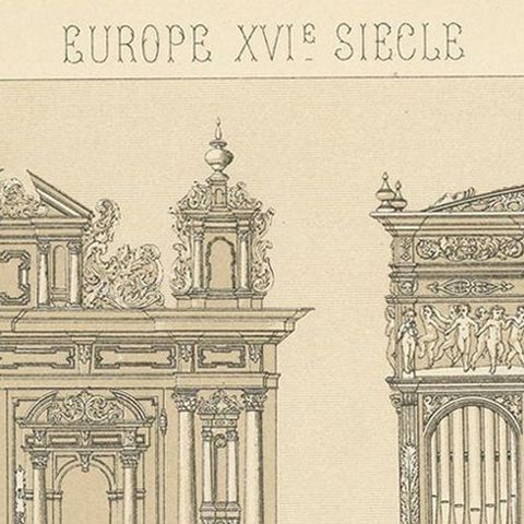 Pl. 49 Antique Print of European XVIth Century Furniture by Racinet, circa 1880, close-up 1