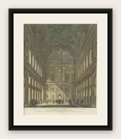 Antique Print of the Central Hall of the Royal Palace of Amsterdam by Van Liende, shown framed