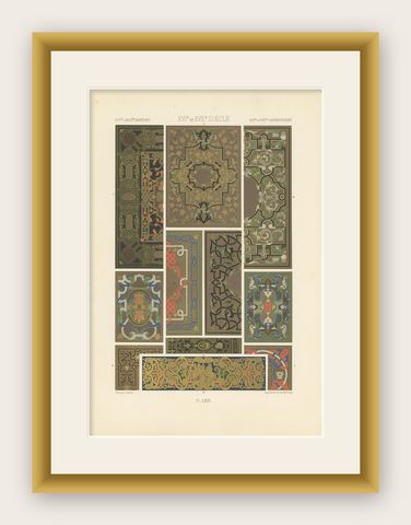 Pl. 69 Antique Print of XVIth and XVIIth Century Ornaments by Racinet circa 1890, shown framed