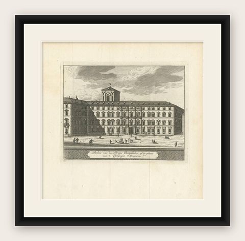 Antique Print of the Palace at Collegio Romano by M. de Bruyn, 1779, shown framed