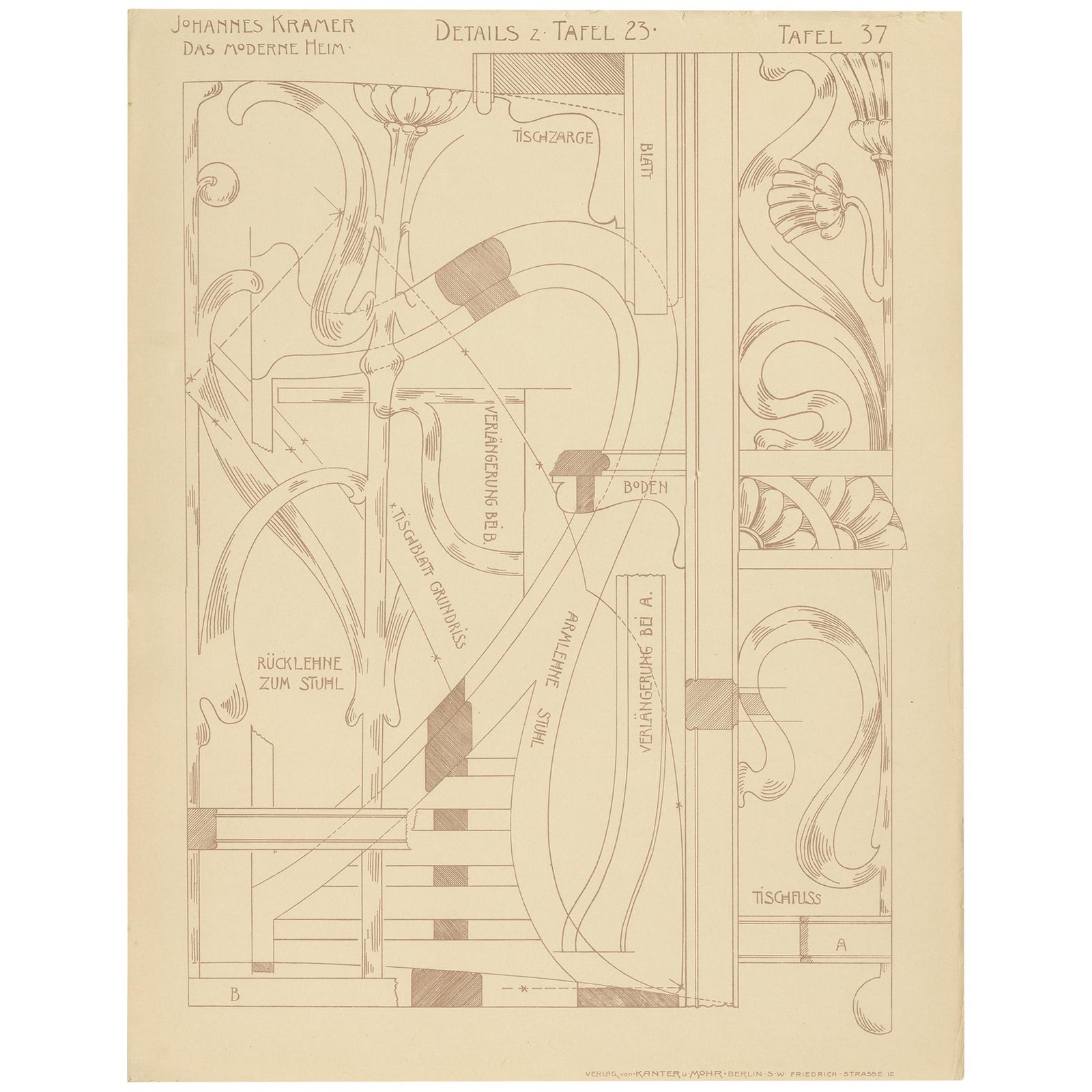 Antique Print of Furniture Details by Kramer, circa 1910